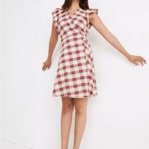 NWT Madewell Gingham Ruffled Wrap Red Cream Checkered Mini Dress Petite Large